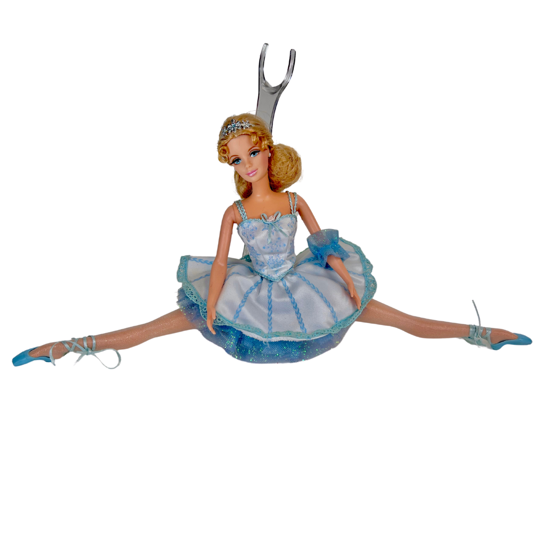 Barbie mozzafiato nel costume da ballerina in raso bianco e tulle blu che brilla di fiocchi di neve e glitter; indossa collant luccicanti e ballerine con lacci e punta blu.  Sfoggia degli orecchini a bottone bianco ma il suo tocco piu' affascinante è una graziosa coroncina argentata portata nei suoi graziosi capelli biondi.