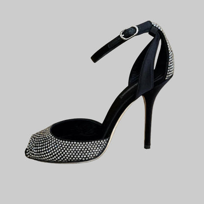 DOLCE & GABBANA Sandalo in raso nero con Swarovski