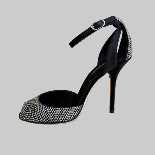 DOLCE & GABBANA Sandalo in raso nero con Swarovski