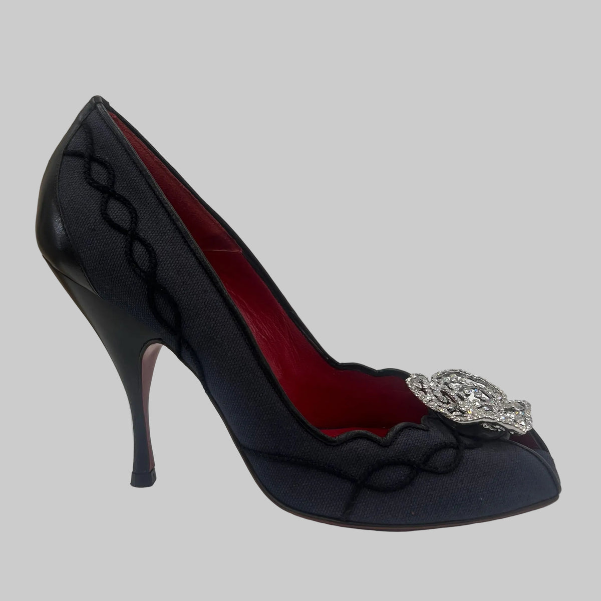 CESARE PACIOTTI Scarpa decollété tessuto nero fiore centrale in strass