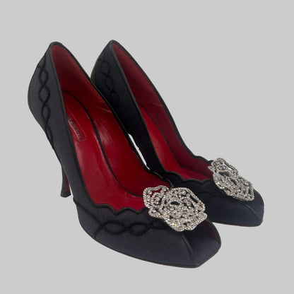 CESARE PACIOTTI Scarpa decollété tessuto nero fiore centrale in strass
