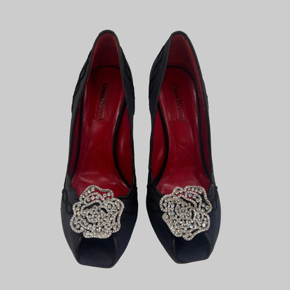 CESARE PACIOTTI Scarpa decollété tessuto nero fiore centrale in strass