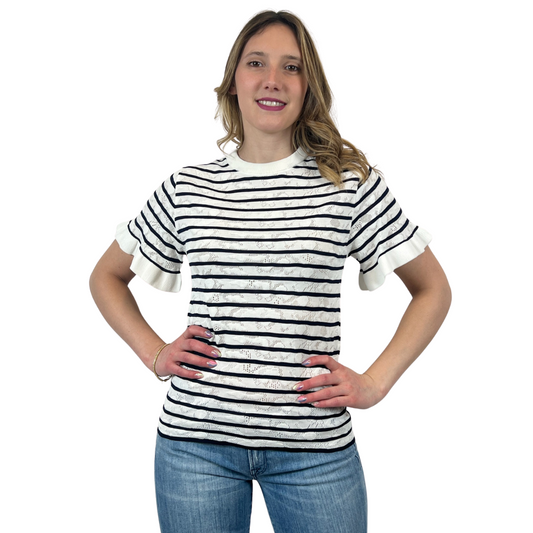CHLOÈ T-shirt traforata rigata bianca e blu 