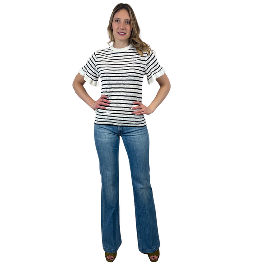 CHLOÈ T-shirt traforata rigata bianca e blu 