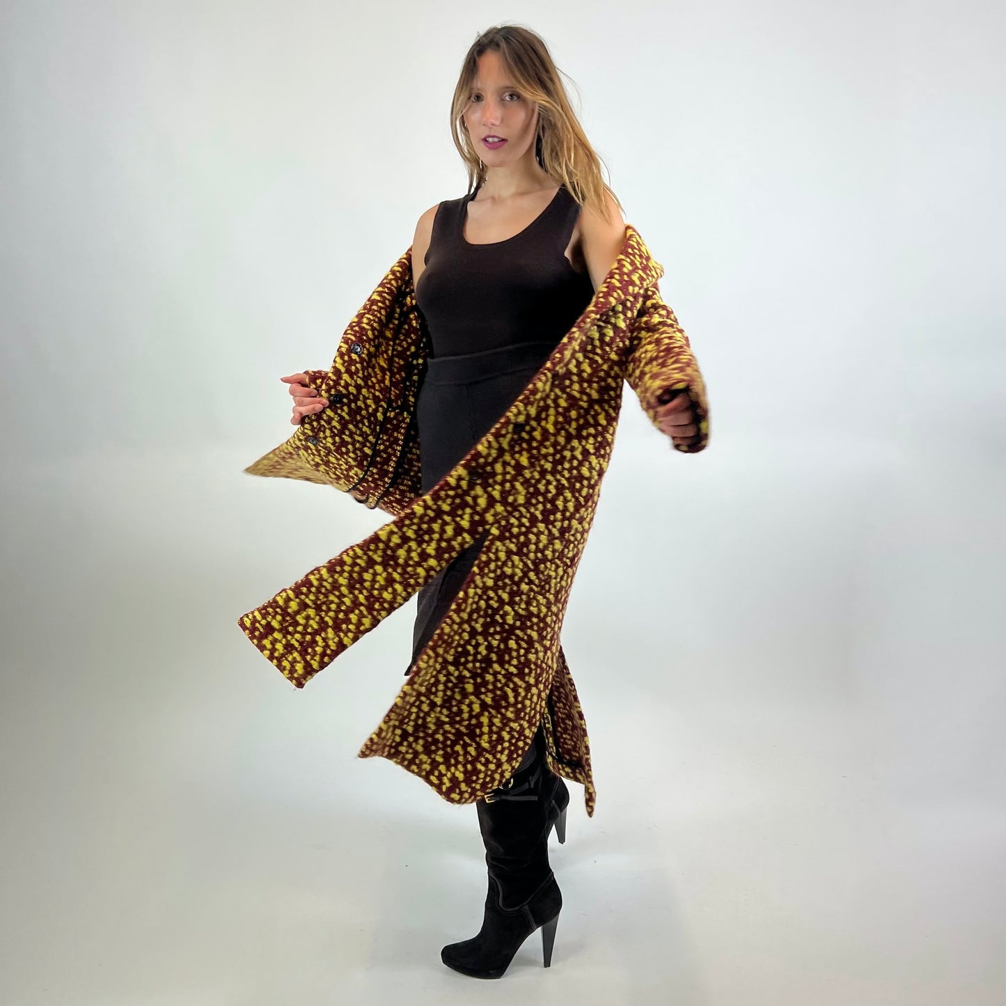 CHRISTIAN DIOR Cappotto bouclè mattone e giallo con spacchi