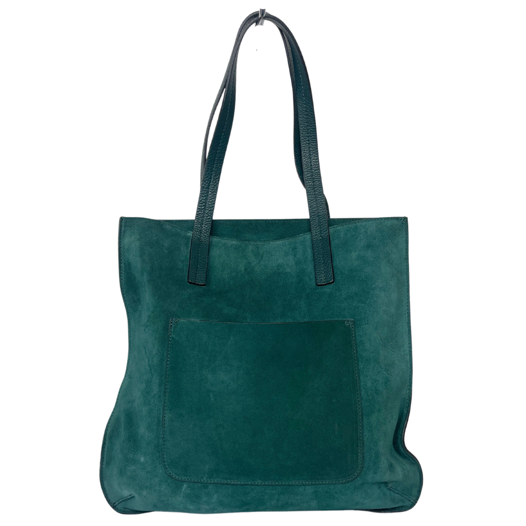  Borsa shopping verticale in pelle scamosciata verdone con due manici lunghi.  Misure: altezza 34 cm, lunghezza 36.