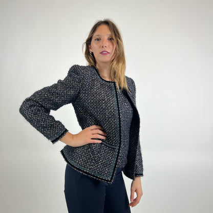 ALBINO MORETTI Completo giacca e top in tessuto bouclé blu e nero