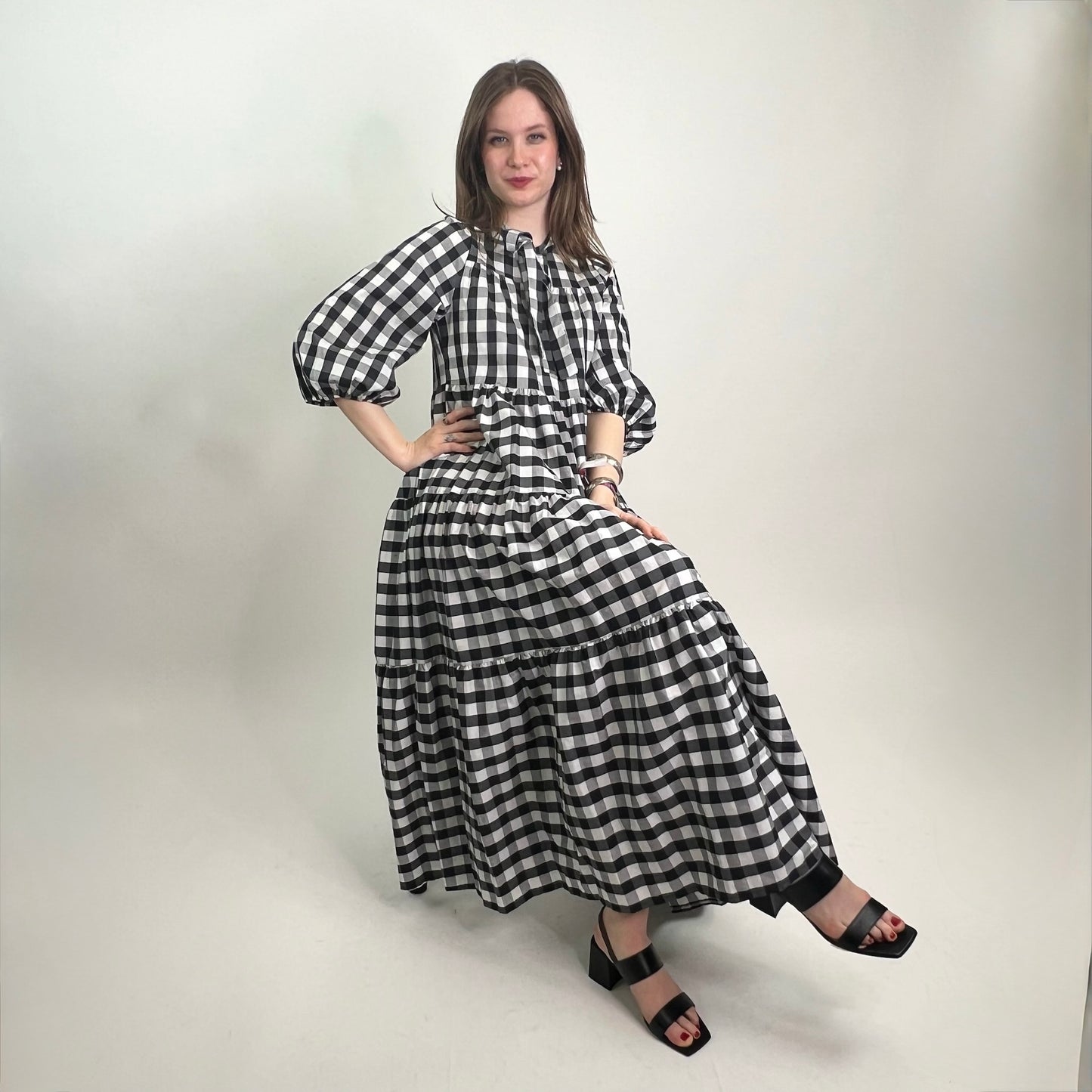 OTTODAME Abito lungo vichy bianco nero