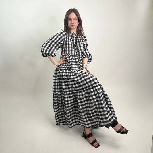OTTODAME Abito lungo vichy bianco nero