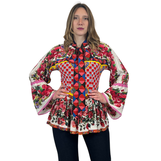 DOLCE & GABBANA Camicia in seta con fiori e maioliche