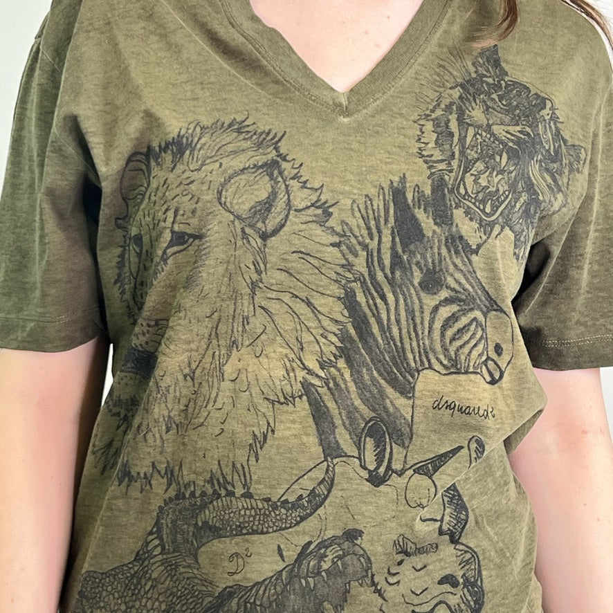 DSQUARED T-shirt verde militare stampa animali 