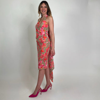 VERSACE Completo in seta tortora con fiori rosa