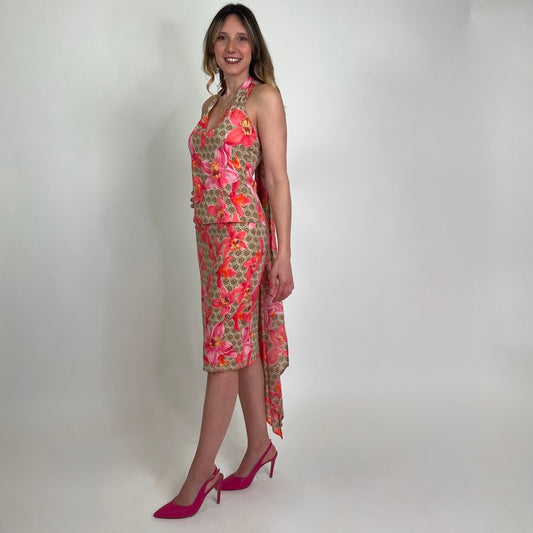 VERSACE Completo in seta tortora con fiori rosa