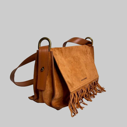 ORCIANI Borsa a tracolla scamosciata con frange ambra