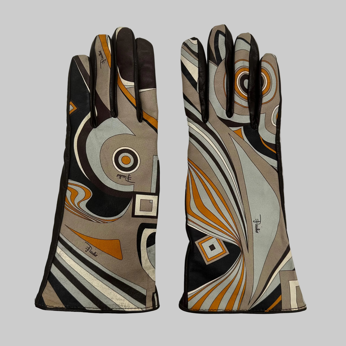 EMILIO PUCCI Guanti in pelle marrone con stampa geometrica e interno in cashmere arancione