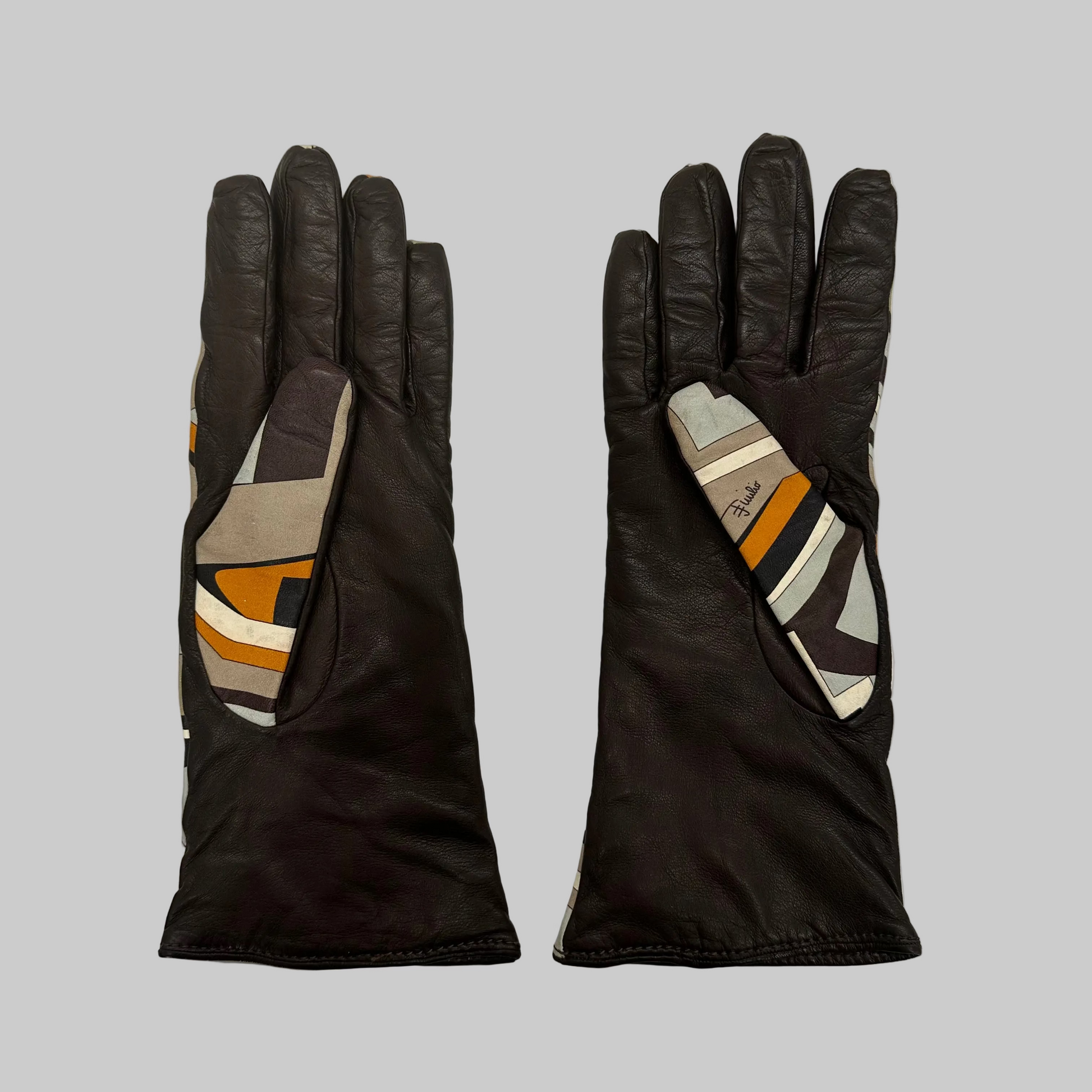 EMILIO PUCCI Guanti in pelle marrone con stampa geometrica e interno in cashmere arancione