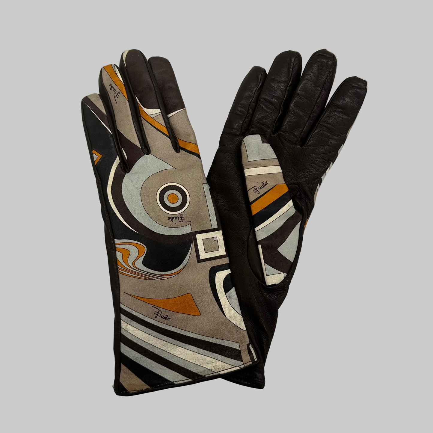 EMILIO PUCCI Guanti in pelle marrone con stampa geometrica e interno in cashmere arancione