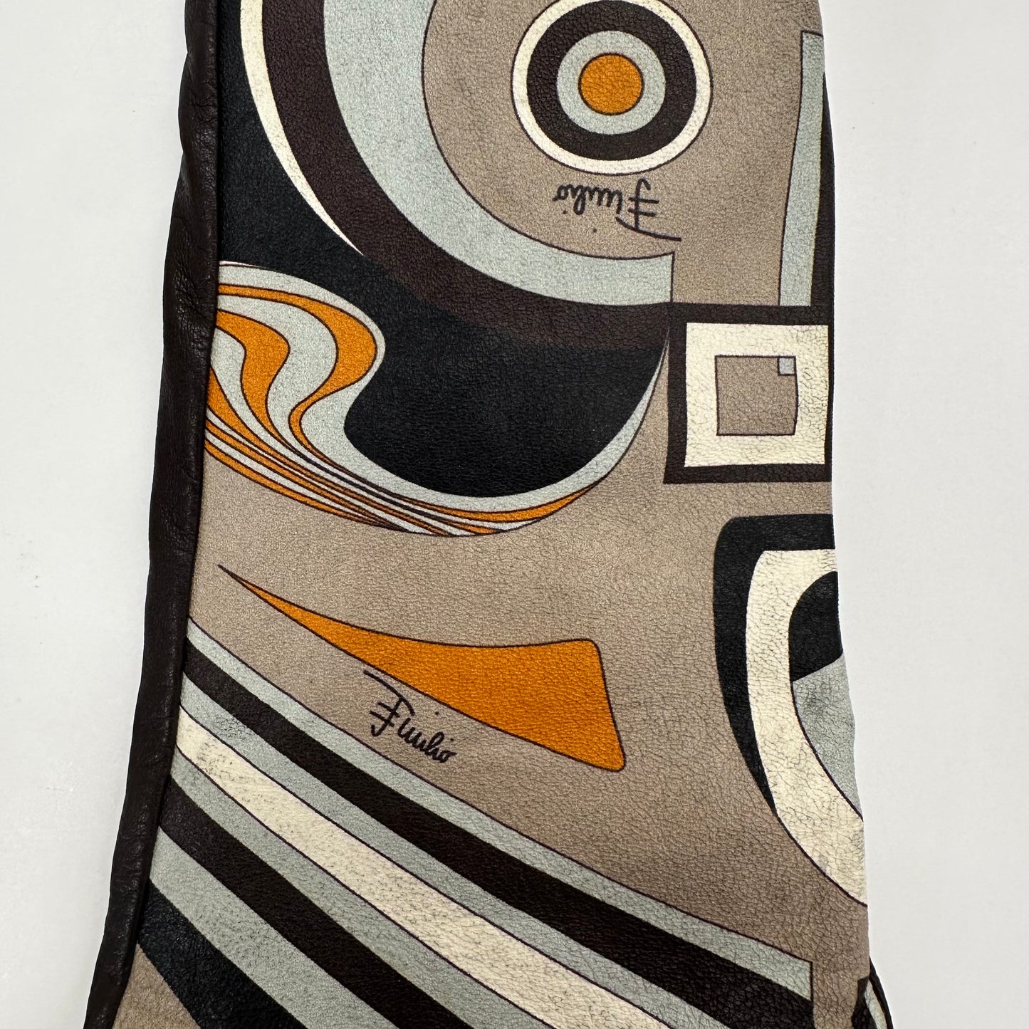 EMILIO PUCCI Guanti in pelle marrone con stampa geometrica e interno in cashmere arancione