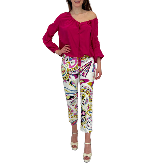 Pantaloni in cotone fondo bianco stampa fantasia multicolor sui toni del rosa, giallo e carta da zucchero, zip laterale