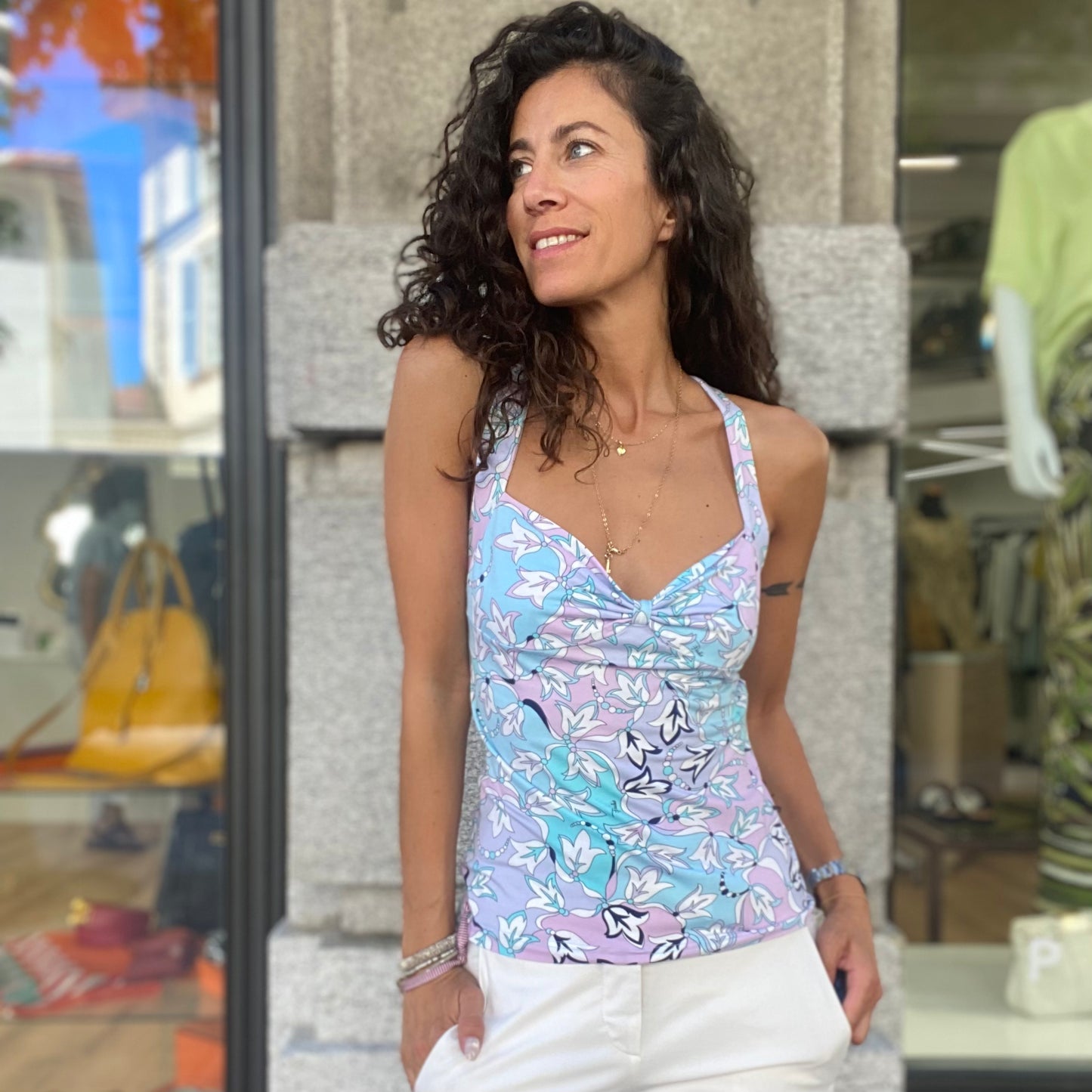 EMILIO PUCCI Top fantasia lilla azzurro e bianco