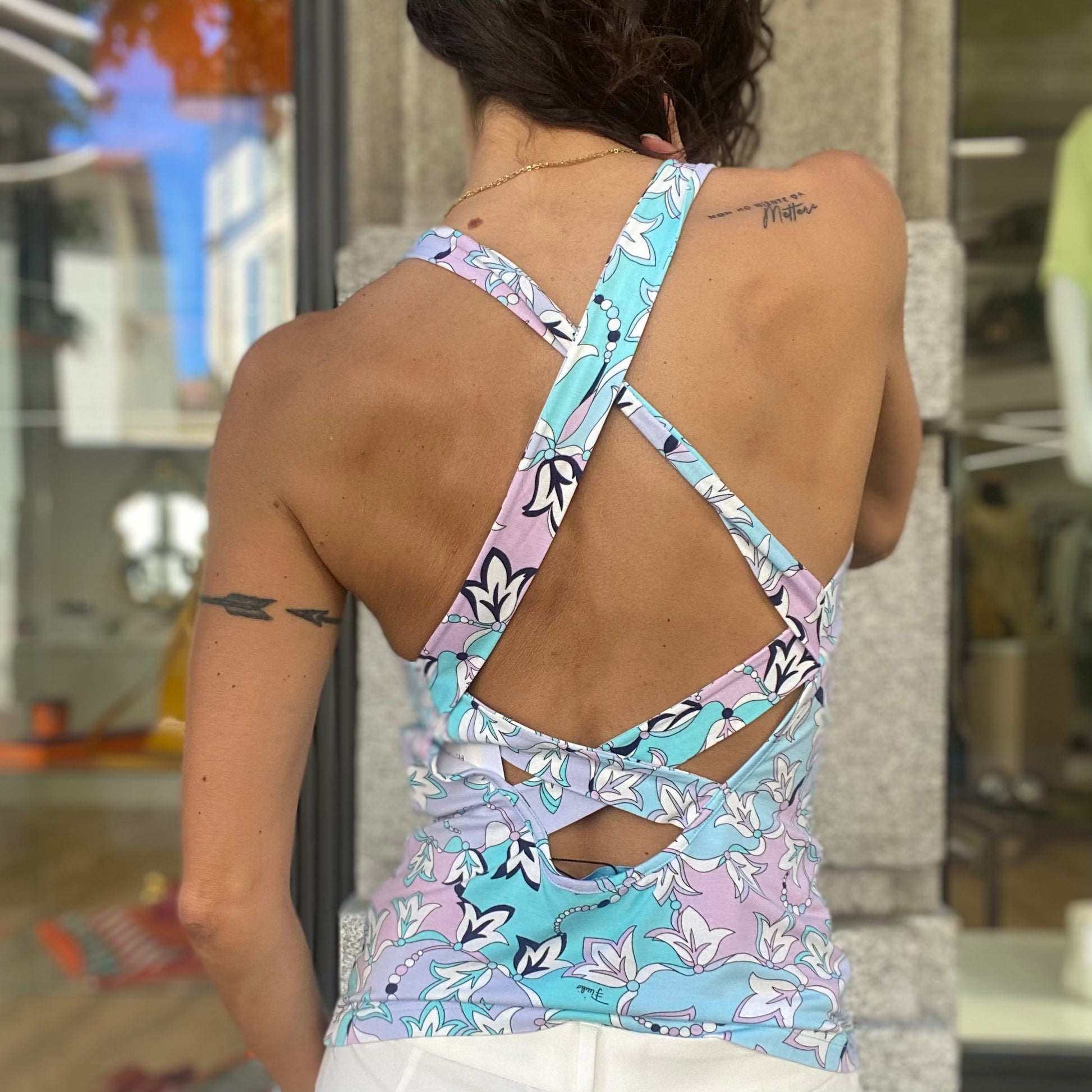 EMILIO PUCCI Top fantasia lilla azzurro e bianco