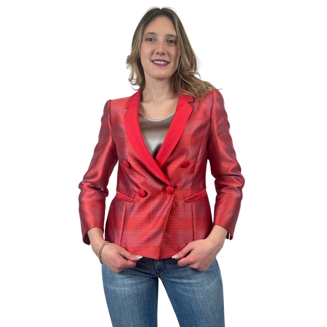 EMPORIO ARMANI Blazer corallo con righe sottili azzurre 