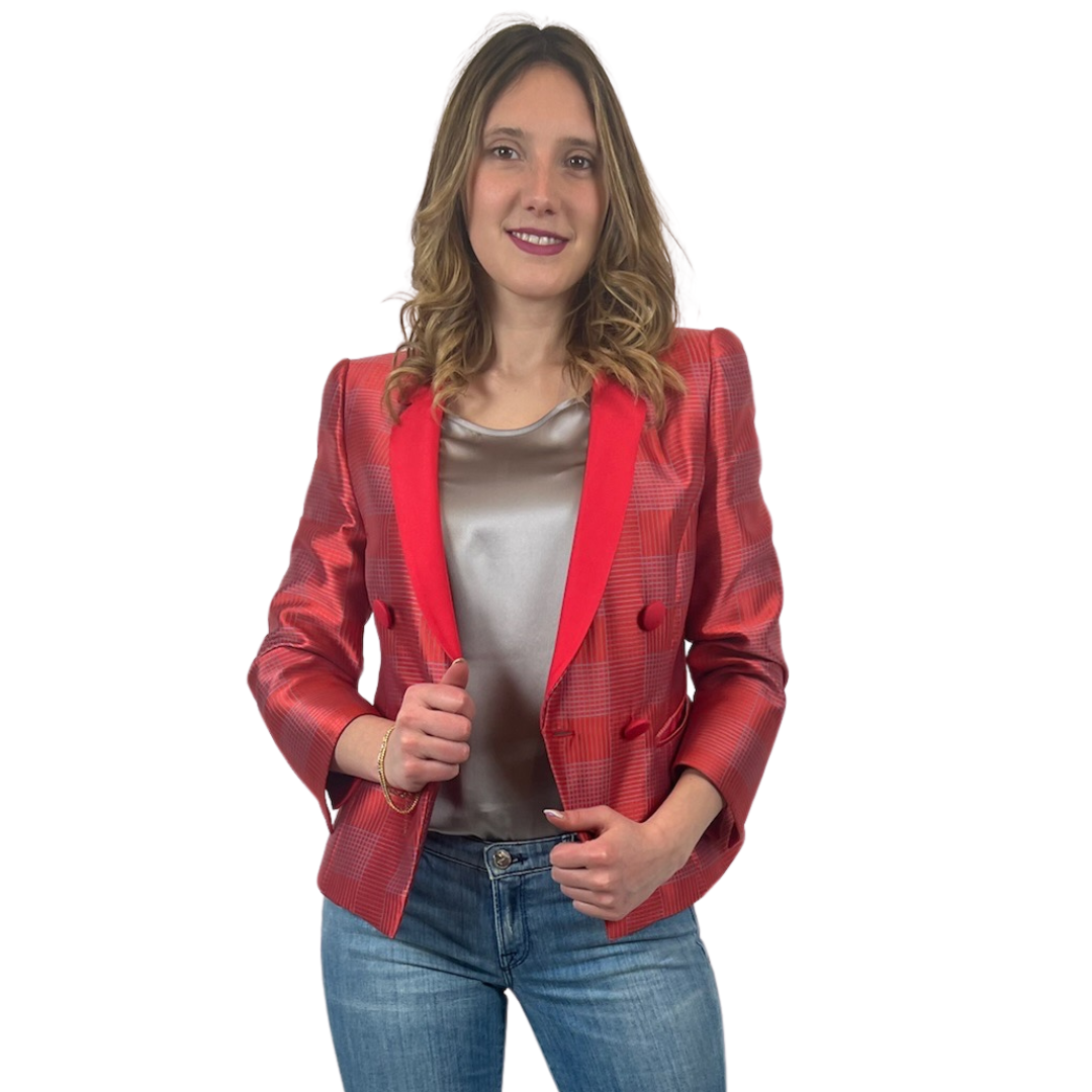 EMPORIO ARMANI Blazer corallo con righe sottili azzurre 