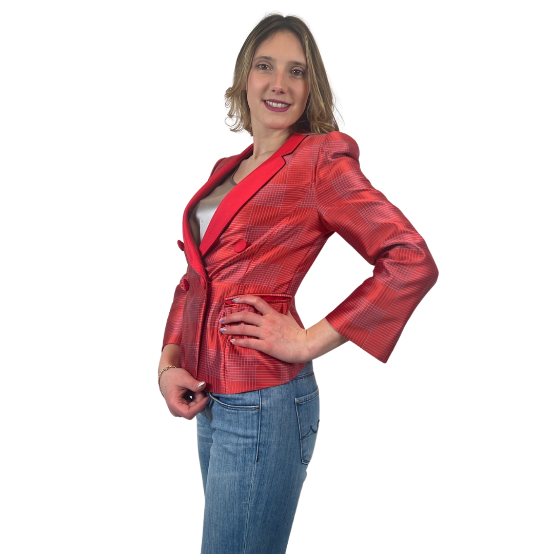 EMPORIO ARMANI Blazer corallo con righe sottili azzurre 