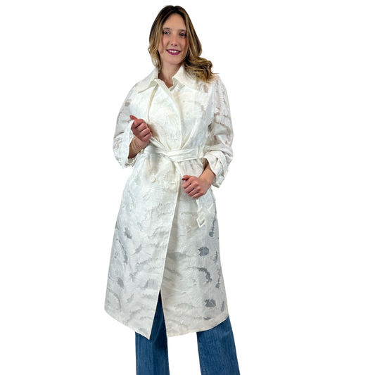 EMPORIO ARMANI Trench bianco damascato con inserti trasparenti
