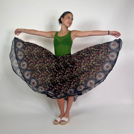 ETRO Gonna lunga in seta plissetata nera con stampa fiori