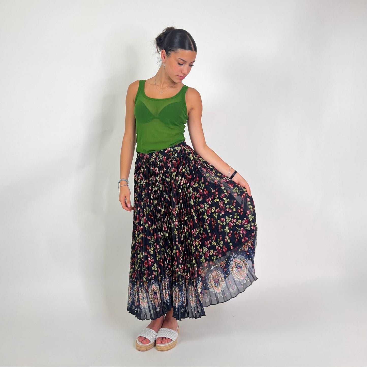 ETRO Gonna lunga in seta plissetata nera con stampa fiori