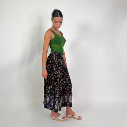 ETRO Gonna lunga in seta plissetata nera con stampa fiori