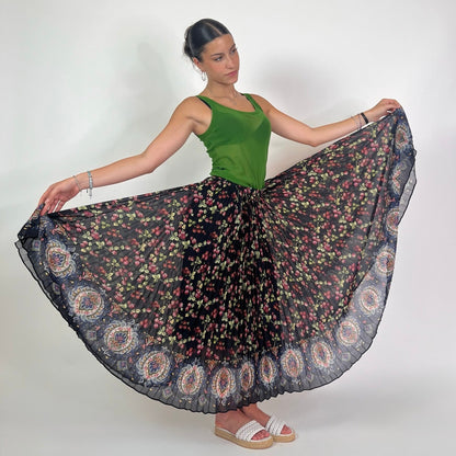 ETRO Gonna lunga in seta plissetata nera con stampa fiori