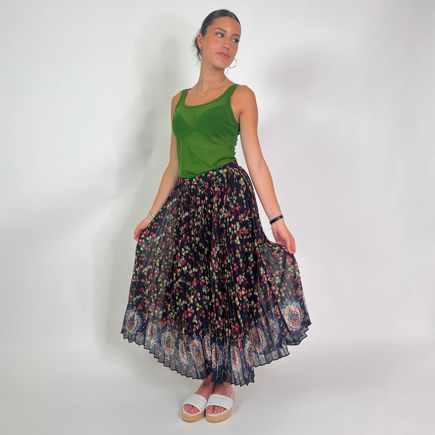 ETRO Gonna lunga in seta plissetata nera con stampa fiori