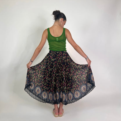 ETRO Gonna lunga in seta plissetata nera con stampa fiori