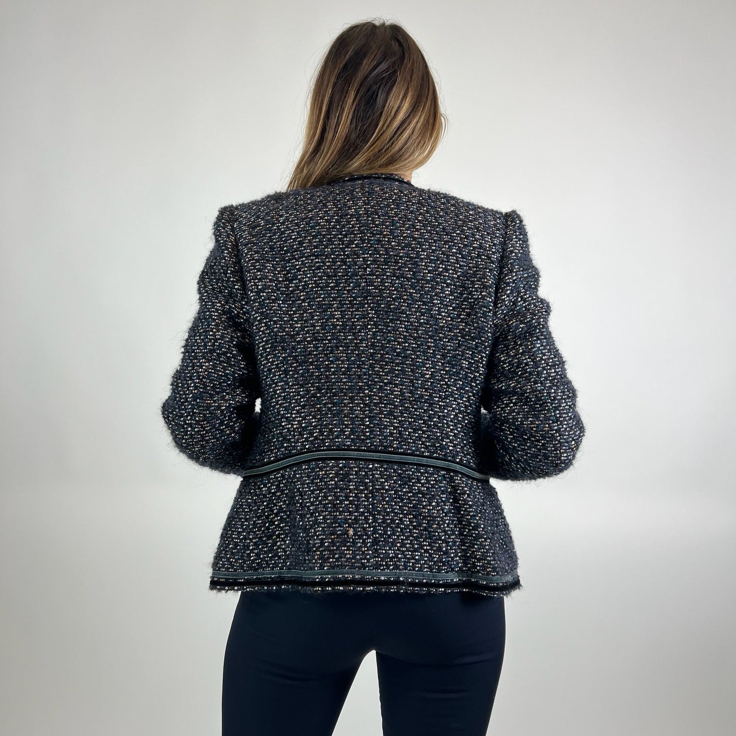 ALBINO MORETTI Completo giacca e top in tessuto bouclé blu e nero