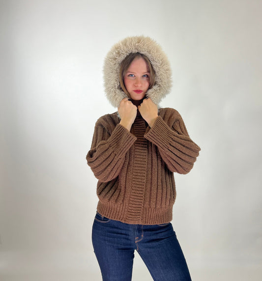 GUCCI Giubbino a coste marrone con collo in alpaca