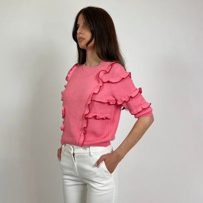 VALENTINO Maglia rosa manica corta con rush con profilo rosso