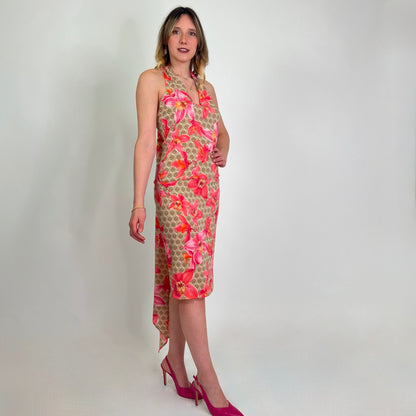 VERSACE Completo in seta tortora con fiori rosa