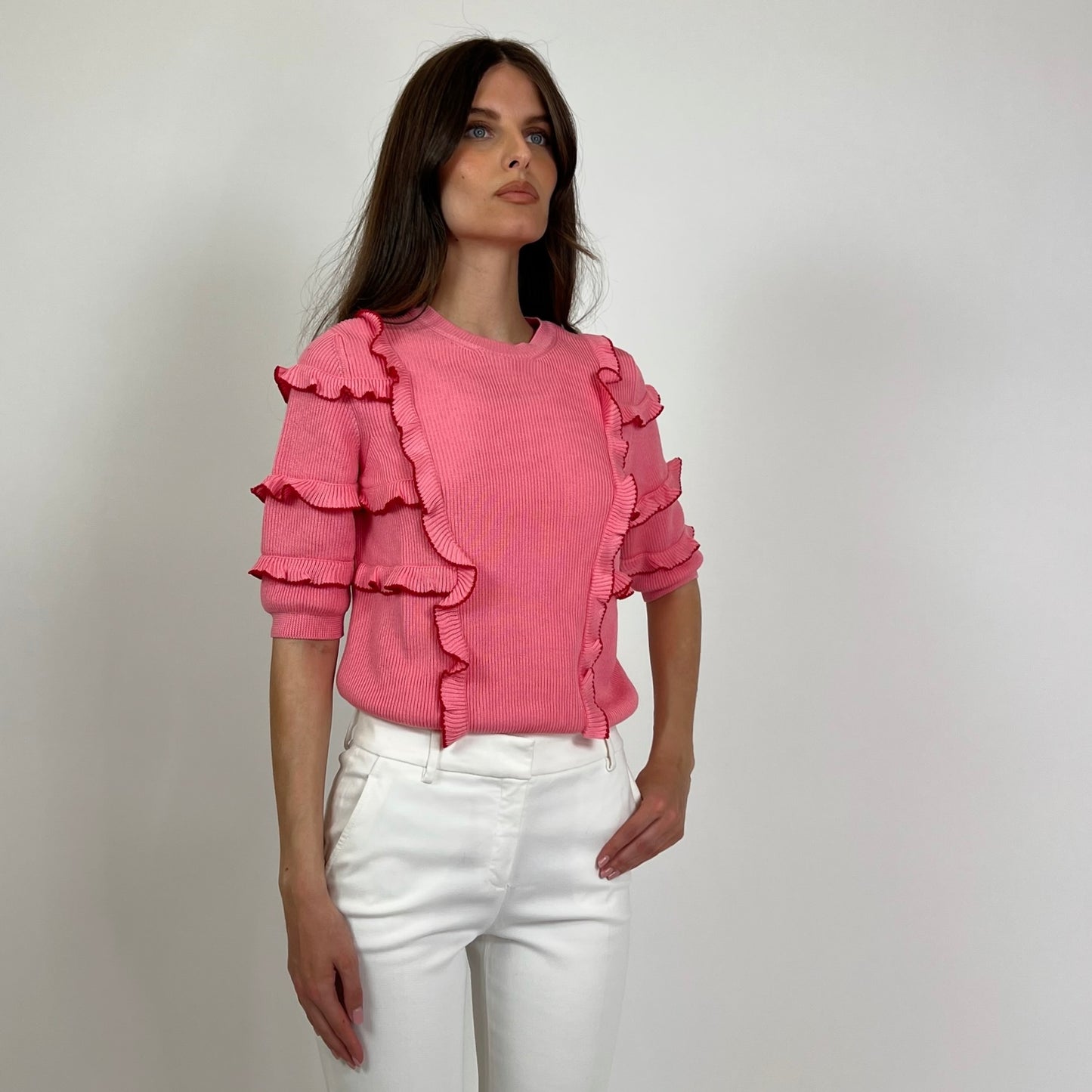 VALENTINO Maglia rosa manica corta con rush con profilo rosso