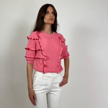 VALENTINO Maglia rosa manica corta con rush con profilo rosso