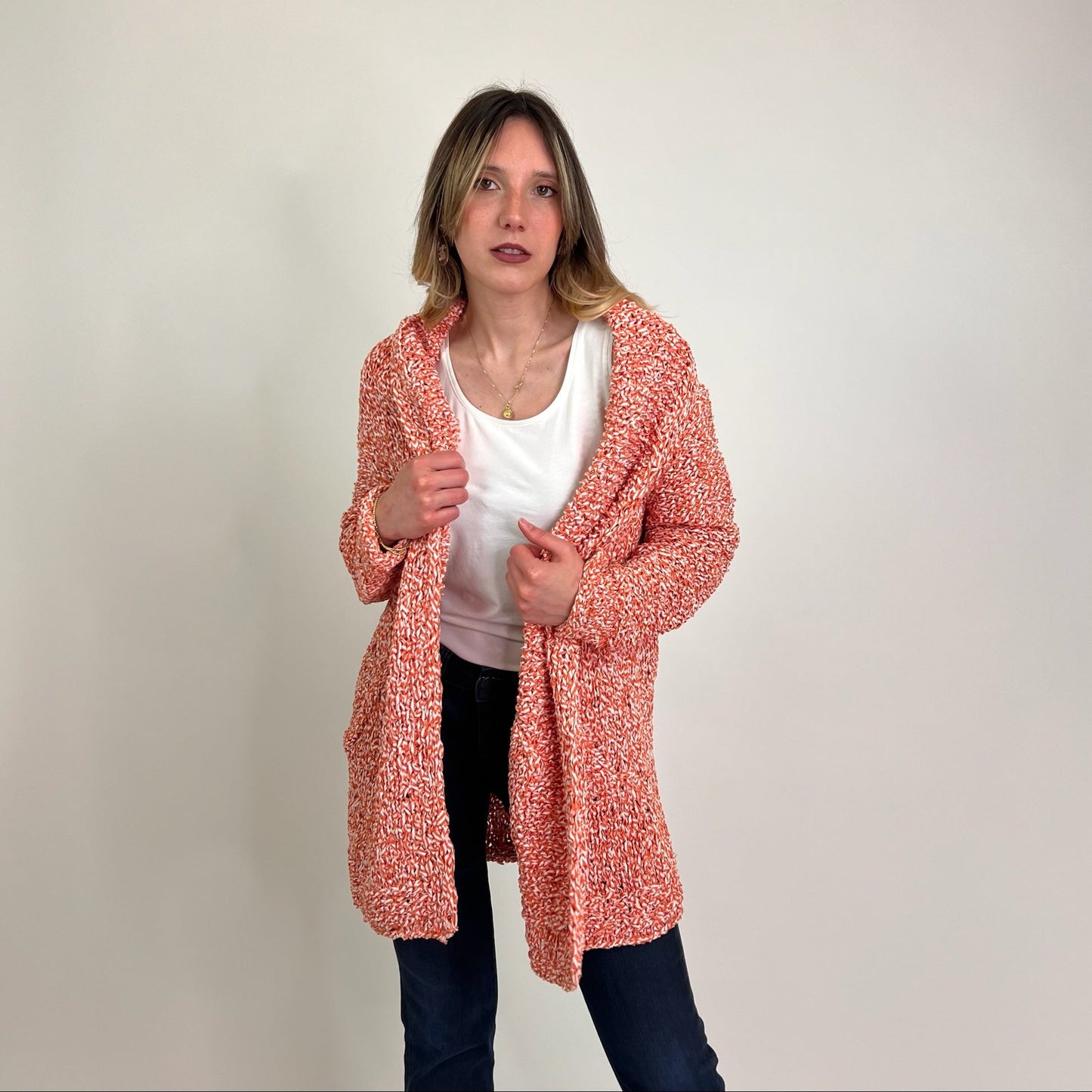 FOGAL Capospalla cardigan tricot bianco e arancio