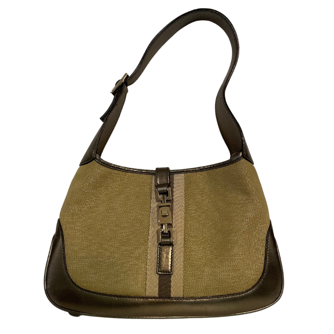 Borsa in tessuto oro e inserti in pelle color bronzo. Chiusura hdw oro 1 manica Jackie O’.