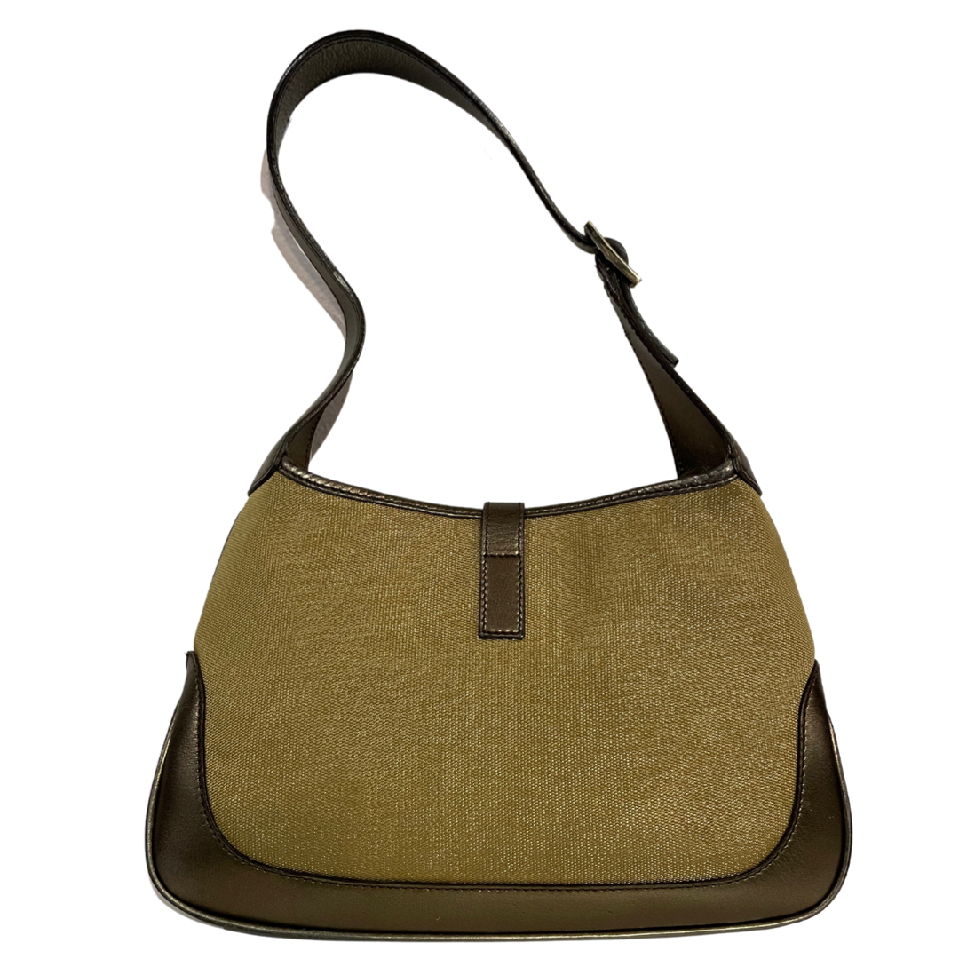 Borsa in tessuto oro e inserti in pelle color bronzo. Chiusura hdw oro 1 manica Jackie O’.