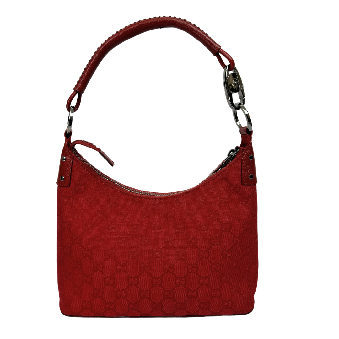 Borsa in tessuto gucci in canvas con logo rosso, manico in pelle e moschettone hdw argento, chiusura zip.