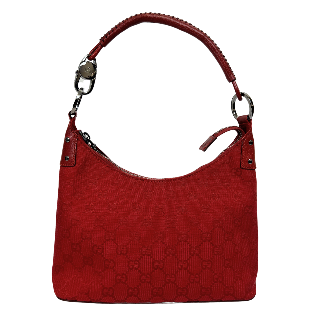 Borsa in tessuto gucci in canvas con logo rosso, manico in pelle e moschettone hdw argento, chiusura zip.