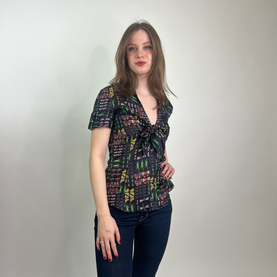 GUCCI Camicia in seta nera stampa insetti