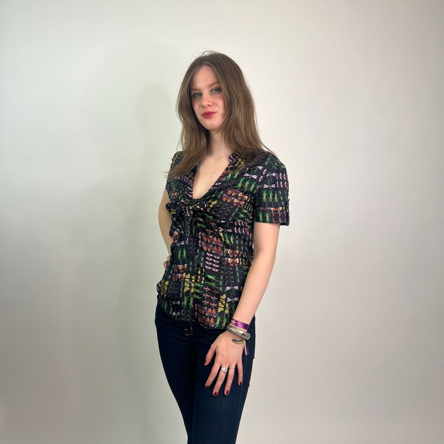 GUCCI Camicia in seta nera stampa insetti