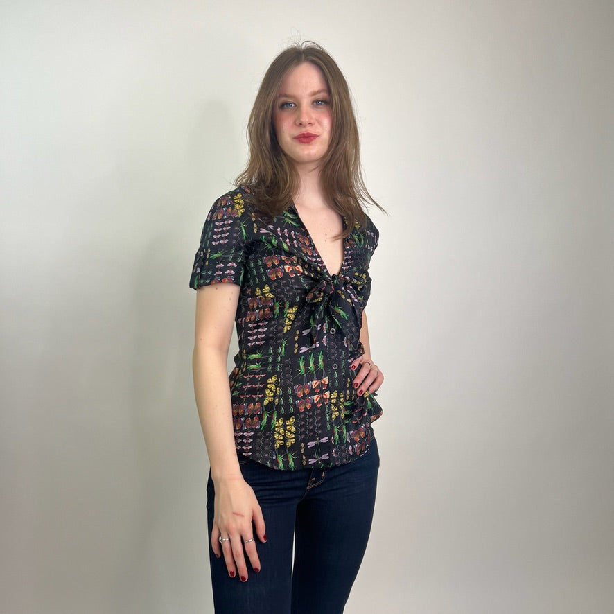GUCCI Camicia in seta nera stampa insetti