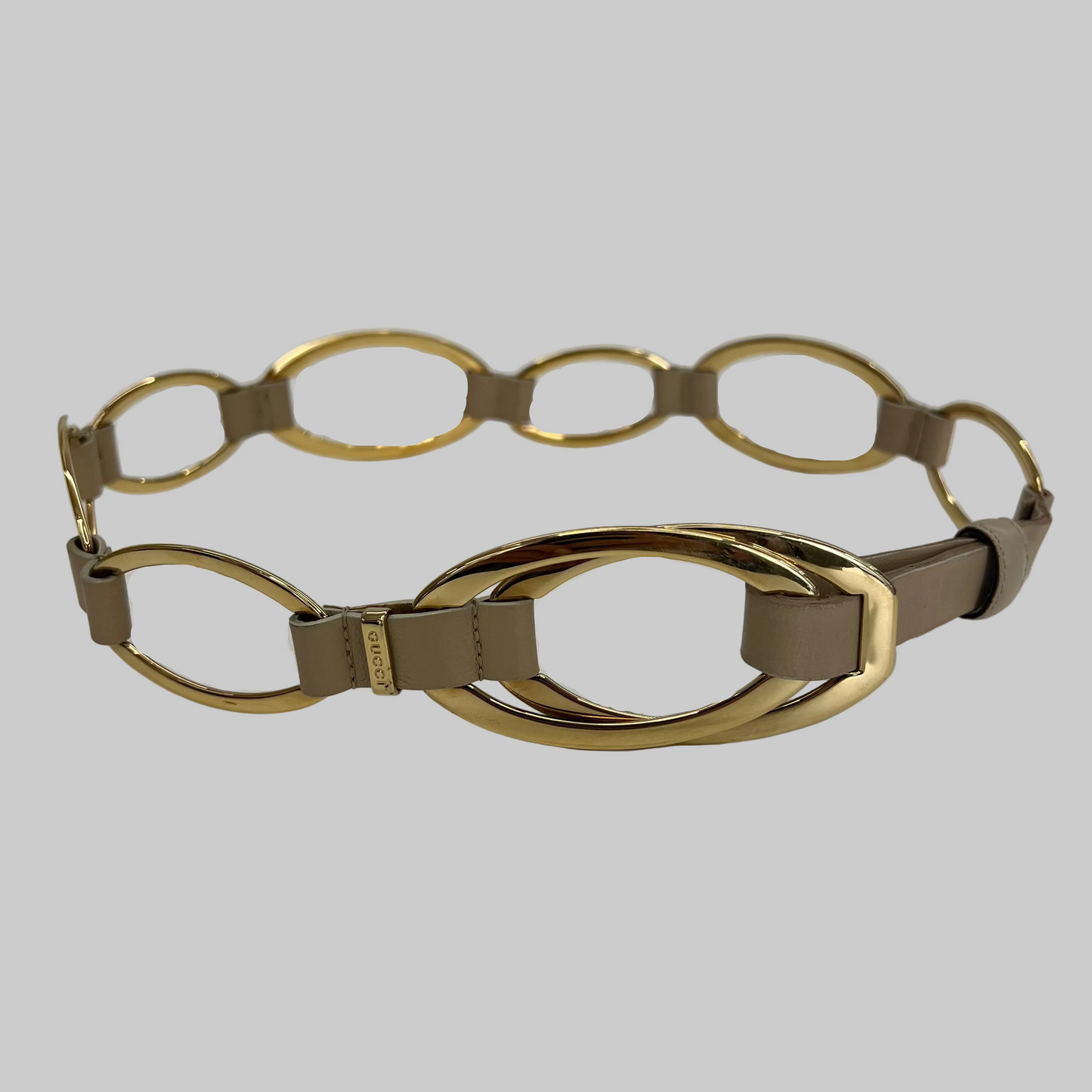 GUCCI Cintura a catena ovali dorati con inserti di pelle beige